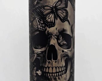 Laser Engraved Skulls and Butterflies Travel Tumbler, 20 oz. with Straw and Brush