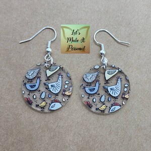 Laser Cut Circular Acrylic Funny Chicken Earrings