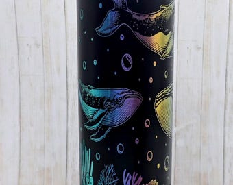 Laser Engraved Ocean Whales Travel Tumbler, 20 oz. with Straw and Brush