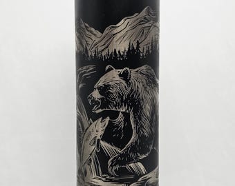 Laser Engraved Bear Fishing in River Travel Tumbler, 20 oz. with Straw and Brush