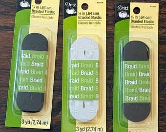9330W & 9330B Dritz 1/4"" braided elastic - Set of 3 packages (1 white and 2 black)- each package is 1/4" wide X 3 yards - no subs