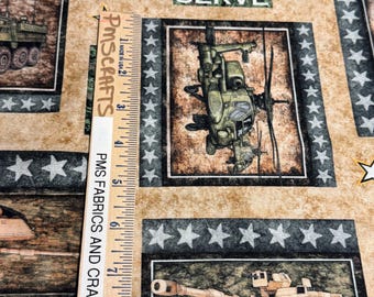 QT Patriotic 100% cotton fabric by the yard 36 x 44 -30933 A - Lt Brown background - helicopter, tanks, USA Flags, troops and more - Hero