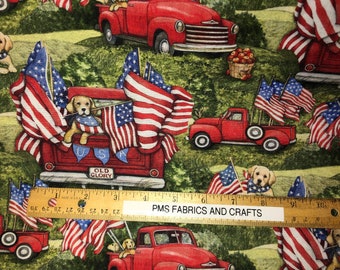 Spring Creative Patriotic Dogs, Flags and Red Trucks 100% light weight cotton fabric by the yard 36 x 44 - item CP75904