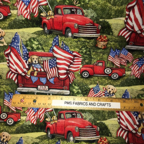 Spring Creative Patriotic Dogs, Flags and Red Trucks 100% light weight cotton fabric by the yard 36 x 44 - item CP75904