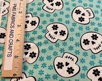 MODA Halloween Fab Boo Lous Candy Skulls Halloween Skull 100% cotton fabric by the yard - AQUA 22483 15 - smoke free - pet free