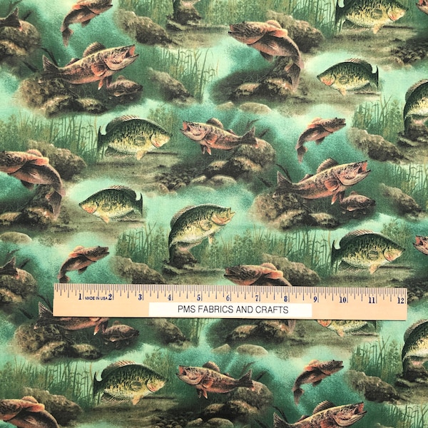 Reprint VIP Cranston Fish underwater 100% cotton fabric by the yard 36 x 44 - 62415 G - Bass, perch & other fish - mostly green tones