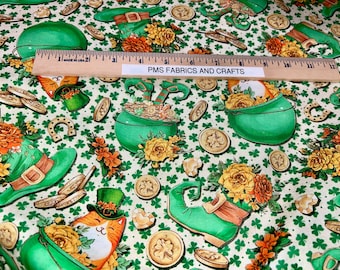 QT ST Patricks Day and Cats 100% cotton fabric by the yard 36 x 44 - 30018 E - Pot of Gold - Leprechaun Shoes - Luck of the Irish