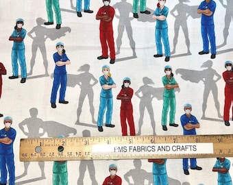 RK Frontline Heroes 100% cotton fabric by the yard 36x44 Nurse Doctor Superheroe - first responder fabric SRK-20334-1 - white background