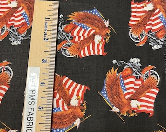 MDG Military #27 100% cotton fabric by the yard 36 x 44 - motorcycle and American eagles on black fabric - great Americana fabric