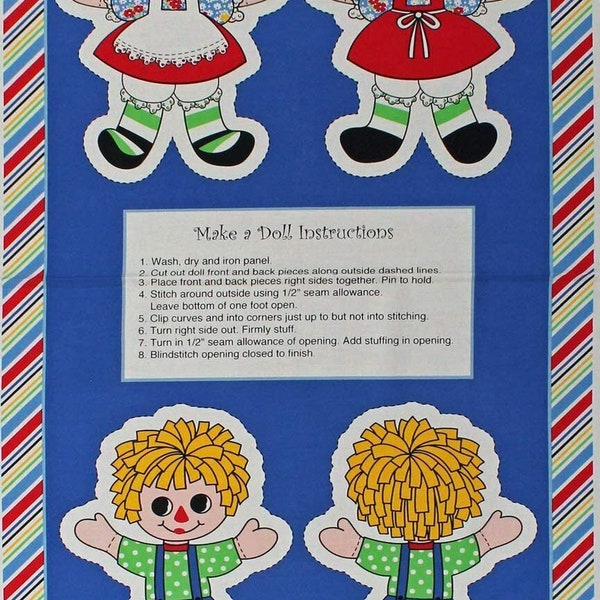 Make 2 Raggedy Dolls 100% cotton fabric panel approx 24 x 44 makes 2 dolls NOT MADE Dolls - fabric panel to cut, sew and stuff