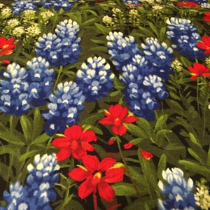 May include: A close-up of a fabric with a floral pattern featuring blue and white Texas bluebonnets and red Indian paintbrush flowers on a dark green background.