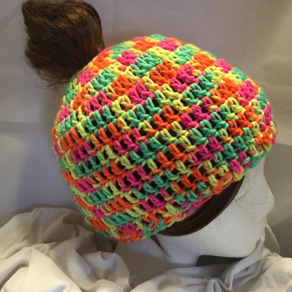 Free ship to USA - Unisex Messy Bun / Pony Tail crochet cap - has elastic pony tail holder on top - fits most teens / adults