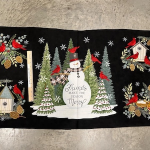 MODA Winter Friends 100% med cotton fabric by the PANEL 24 x 44 BLACK 56139 18 - Christmas theme - Red Cardinals, Snowman, Spruce Trees