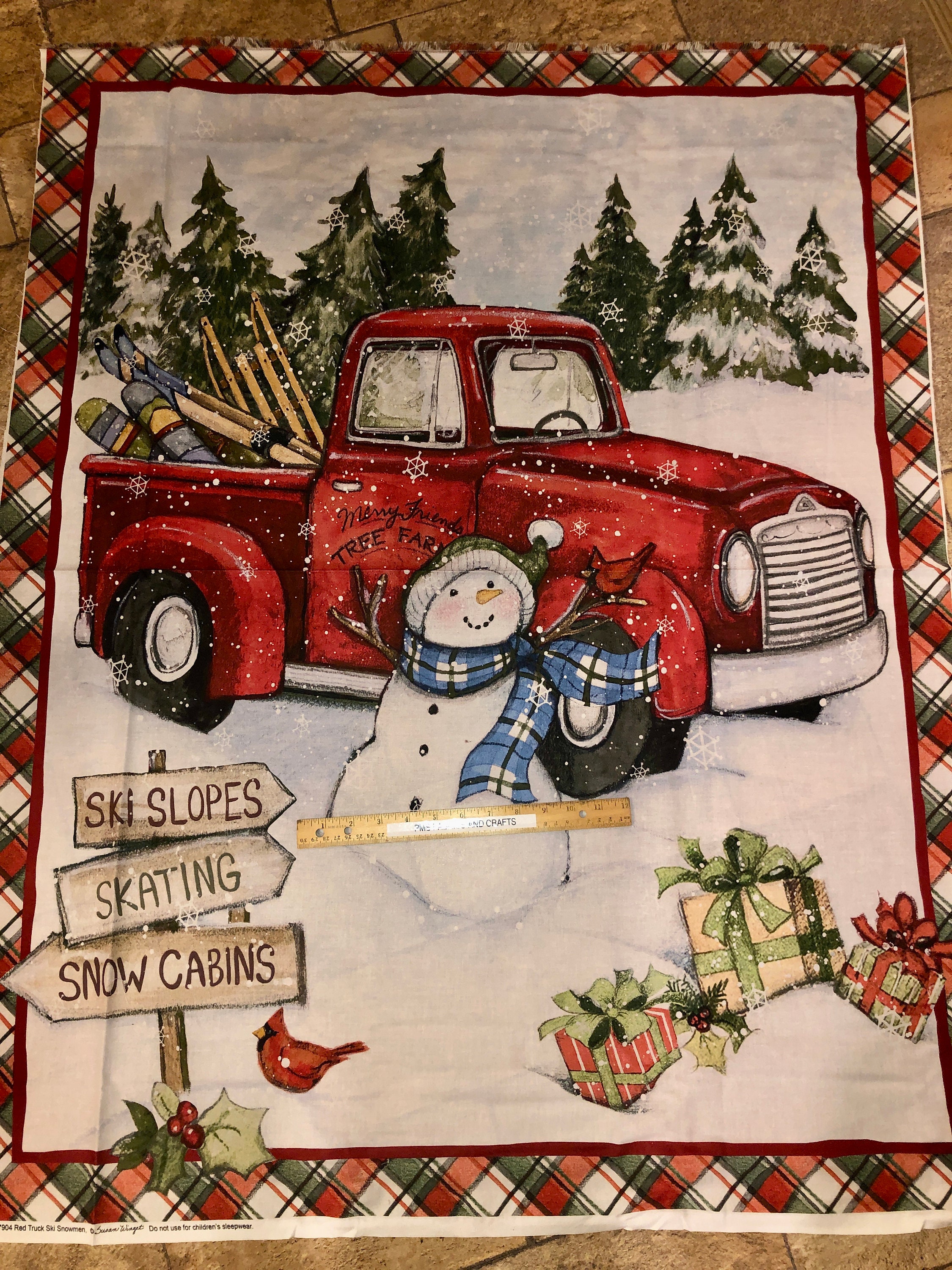 KissDate Christmas Fabric Red Truck Collage Panel, 36 x 44