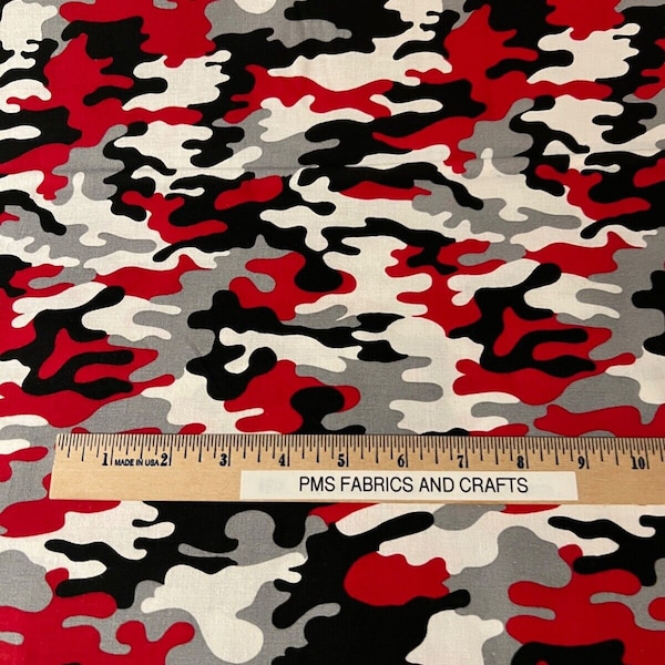 MDG CAMO 100% med cotton fabric by the yard 36 x 44 inches - called Real Red - red, black, white, gray