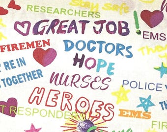 Thanks Nurse & First Responder are Heroes white background 100% cotton fabric by the yard 36 x44 10349 WHITE - medical fabric