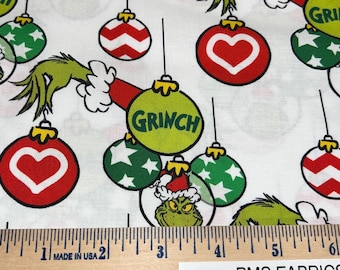 RK Grinch Stole Christmas Grinch Ornament 100% cotton fabric by the yard 36 x 44 on WHITE ADE-20279-223 - image printed on width of fabric