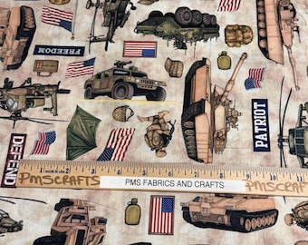 QT Patriotic 100% cotton fabric by the yard 36 x 44 -30937 A - Lt Brown TAN background - helicopter, tanks, USA Flags, troops and more