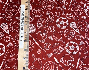 MODA All Star Sports 100% cotton fabric by the yard 36 x 44 - RUST color - sports images outline soccer football volley baseball and more