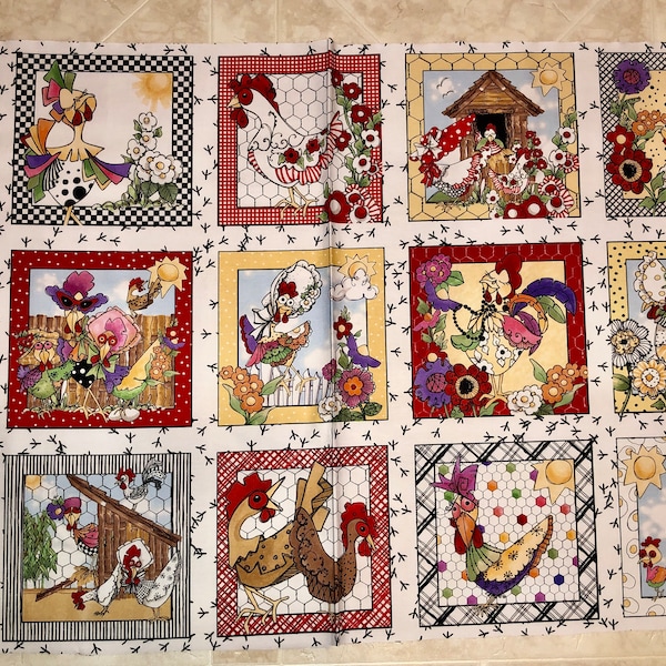 Loralie Chicken Chique 100% cotton fabric by the panel approx 24 x 44 inches - 15 blocks per panel - 692-222