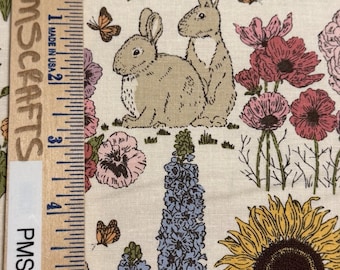 MODA My Secret Garden 100% cotton fabric by yard 36 x 44 20982 11 - Flowers Bunnies images on Cloud (soft White) background