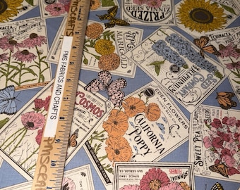 MODA My Secret Garden 100% cotton fabric by yard 36x44 20981 22 Garden Seed images Sky Blue NOT real garden seed but fabric beautiful images