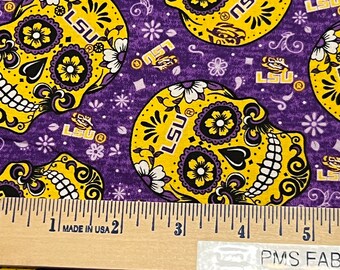 LSU Sugar Candy Skull 100% cotton fabric by the yard 36x43 - licensed fabric Louisiana - Sykel fabric LSU1193 smoke free