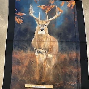 MDG Close Encounter Big Buck Deer printed 100% cotton fabric panel approx 37 x 45 inches - beautifully done