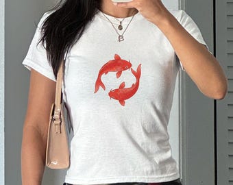 Koi Fish Baby Tee, 90s Aesthetic Shirt, Y2k Fishy Baby Tee, Japanese Style Tshirt, Beachy Trendy Tee, Y2K Crop Tee