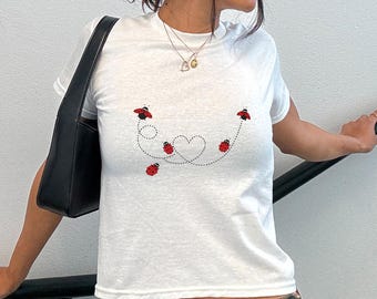 Ladybug Heart Graphic Baby Tee, Spring Nature Inspired Crop Top