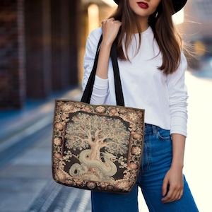 Medieval Dragon Tapestry Tote Bag, Mythical Creature Canvas Bag, Dark Aesthetic Shoulder Bag, Artistic Nature Print, Fantasy Art Handbag