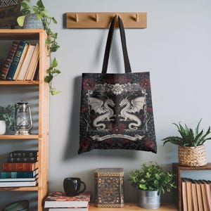 Dark Aesthetic Dragon Tote Bag, Black Gothic Canvas Bag, Medieval Mythical Art Print, Fantasy Creature Shoulder Bag, Elegant Dragon Design