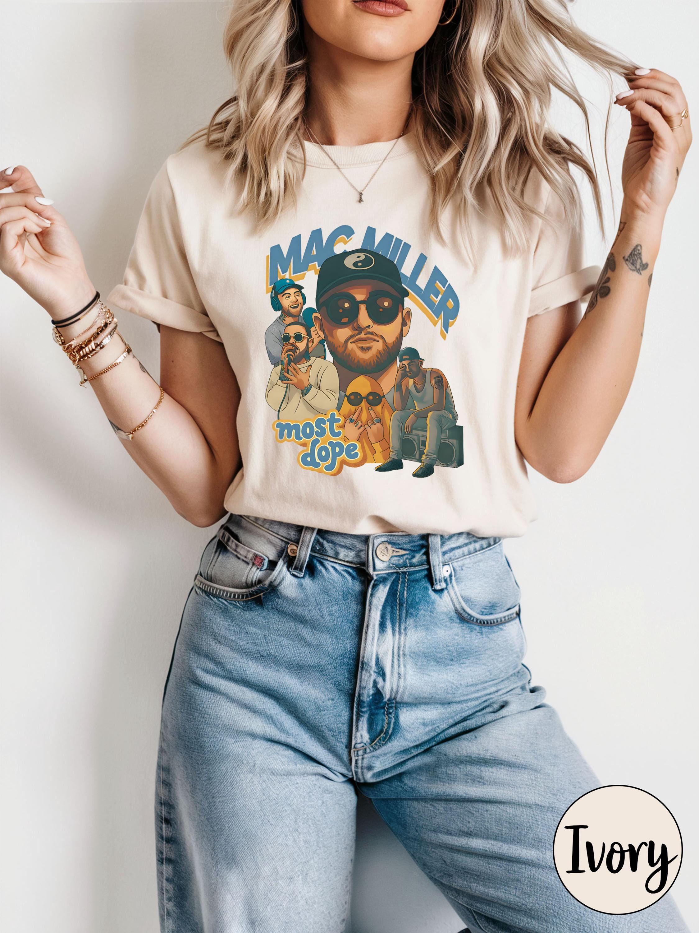 Vintage Style Mac Miller Graphic T Shirt in Blue Jean with Most Dope Cartoon Art for Hip Hop Fans and Retro Music Streetwear Outfits