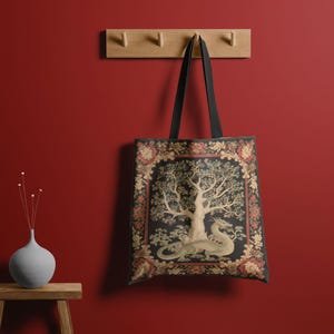 Draagtas Dragon Tapestry, vintage stijl canvas schoudertas, handtas middeleeuwse kunst, elegante print van mythisch wezen, esthetiek donkere fantasie