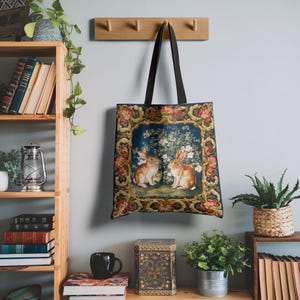 Vintage Kaninchen-Druck-Einkaufstasche mit Barockrahmen-Design, künstlerische von der Natur inspirierte Tasche für den täglichen Gebrauch, Blumentasche für alle Gelegenheiten