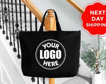 Custom Logo Zippered Tote Bag, Personalized Text, Promotional Canvas