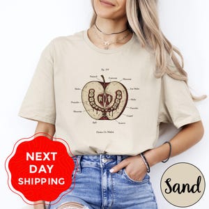 Könnte beinhalten: Sandfarbenes T-Shirt mit einer detaillierten anatomischen Illustration eines Apfels, beschriftet mit wissenschaftlichen Begriffen. Der Apfel ist halbiert und zeigt Zähne und innere Strukturen. Der Text "Fig. 34" befindet sich über dem Apfel. Das Shirt hat auch das Wort "Sand".