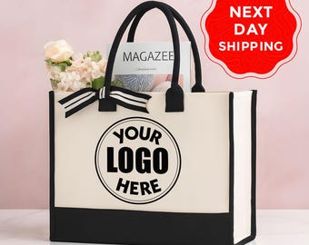 Custom Logo Canvas Tote Bag, Branded Ribbon Accent