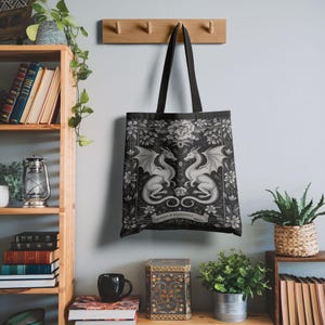 Gothic Dragon Tote Bag, Dark Fantasy Art Canvas Bag, Mythical Creature Shoulder Bag, Medieval Style Shopping Bag, Aesthetic Dragon Print