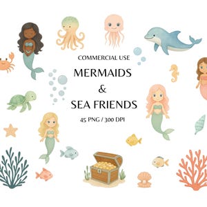45 aquarel zeemeerminnen en zeevrienden clipart pastel schattige zeemeermin oceaanwezens kleine zeemeermin onderwaterwereld babykamer png-bundel