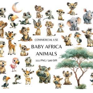 111 bébés animaux d'Afrique aquarelle, animal de safari mignon, animaux d'Afrique, décoration de chambre d'enfant, premier anniversaire, usage commercial, téléchargement immédiat PNG