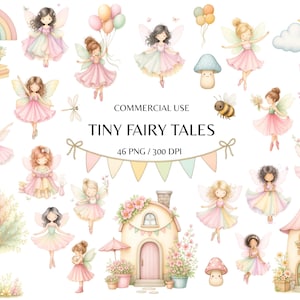 46 Clipart de fée aquarelle pastel, jardin de fées magiques, jolie maison de conte de fées, fée des bois, usage commercial, téléchargement immédiat PNG