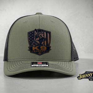 Custom K9 Leather Patch Hat – German Shepherd, Belgian Malinois, Bloodhound – Police or Sheriff – Laser Engraved Richardson 112 Style Hat