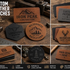 May include: A collection of custom leather patches in various shapes and colors. The patches feature engraved logos and text, including "Iron Peak Construction," "Longhorn Ranch," and "Redwood Hunt Club." The image also displays the text "Custom Leather Patches" and "Built Your Way."