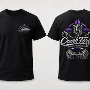 May include: A black short-sleeve t-shirt featuring a small logo on the front left chest and a large graphic on the back. The graphic displays a metallic engine piston, connecting rods, and an anvil with the text Crank Forge Performance Engine Builders.