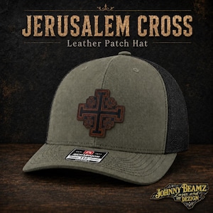 Jerusalem Cross Leather Patch Hat, Christian Trucker Cap, Fivefold Cross Faith Gift for Men