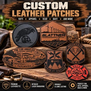 May include: A collection of custom leatherette patches featuring various designs including a raven on a skull, a wind farm with the text BLATTNER COMPANY, an FBI Los Angeles paramedic emblem, a shield with a dagger, and a red fire department badge.