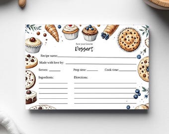 Printable Dessert Recipe Cards, 5 Editable Recipe Templates, Baking Recipe Cards for Desserts, 6x4 Inches ,Digital Download