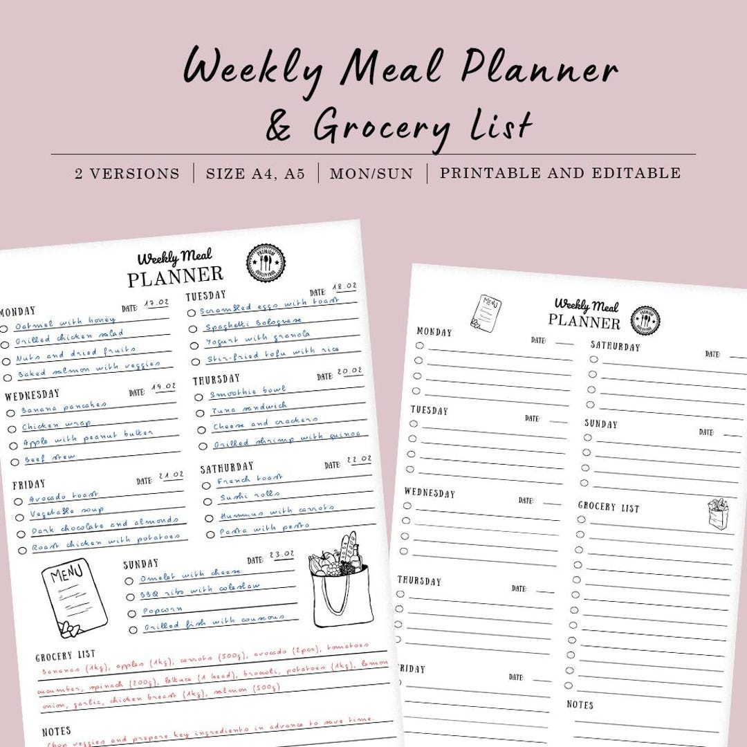 Weekly Meal Planner, Printable and Editable Meal Planner, A4 & A5 ...