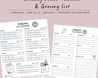 May include: A printable weekly meal planner and grocery list template. The planner has two versions, one with a Monday-Sunday layout and the other with a Monday-Saturday layout. The template includes space for writing down meals, dates, and a grocery list.